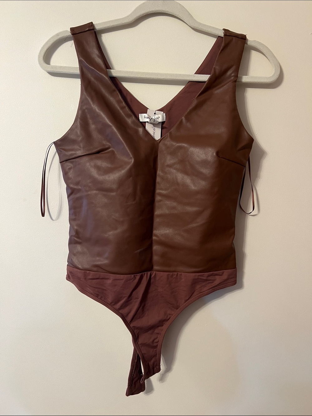 Francesca's Collections Brown Faux Leather Bodysuit with Mauve Fabric Bottom